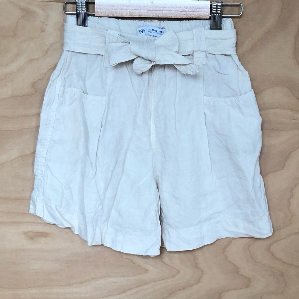 Zara High-Waist Paperbag Tie-Front Beige Shorts Sz 11/12 Linen.